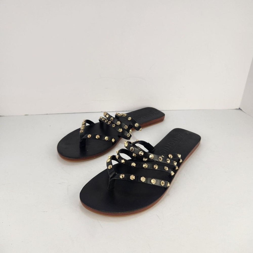 Antonio Melani Women's 9.5M Black Leather Studded Strappy Flat Sandals Gold